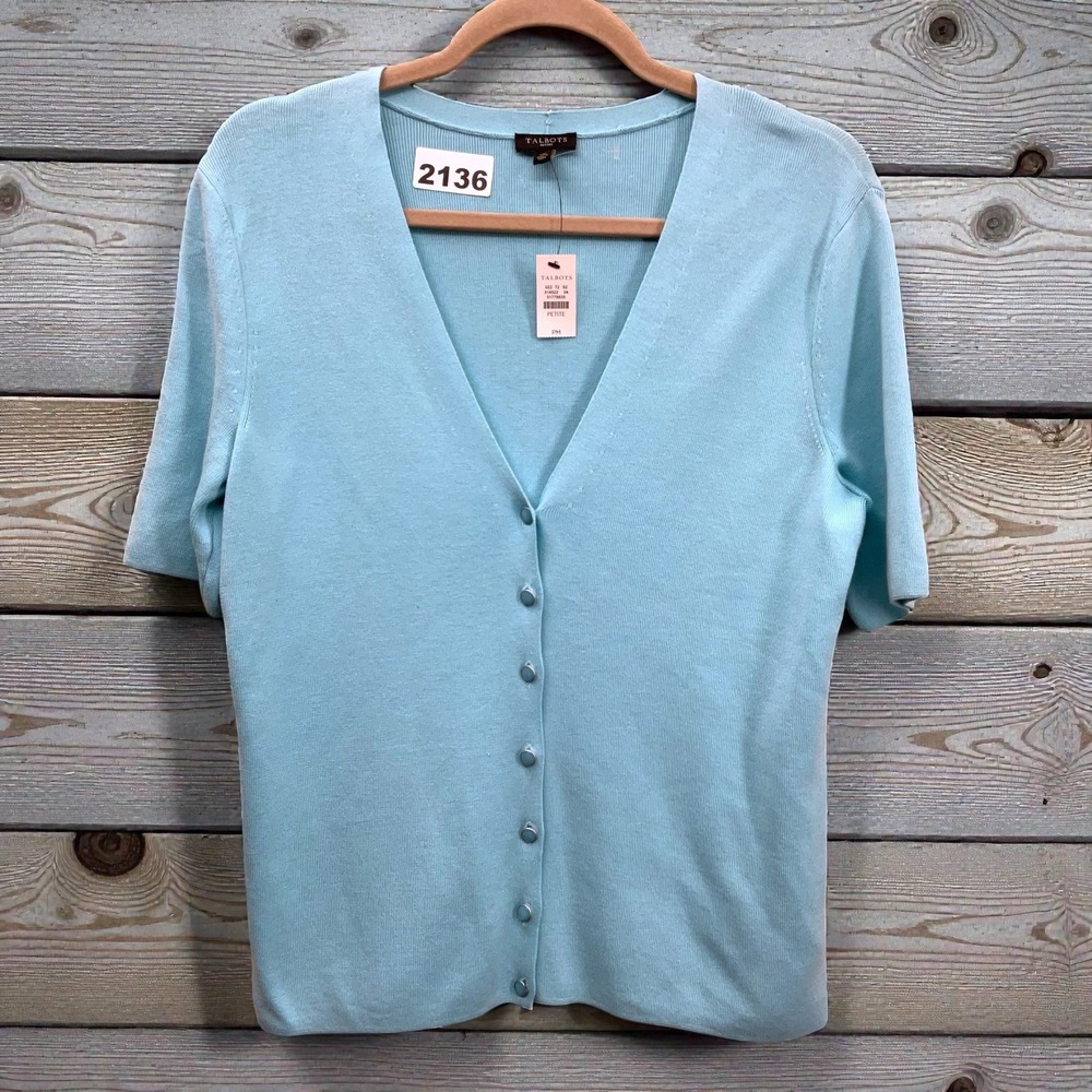 NEW Talbots Cardigan Sweater Womens Medium Petite Blue Knit Casual Pearls Button